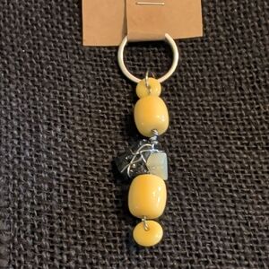Yellow Bead, Coal And Mother Of Pearl Keychain with Silver Rings